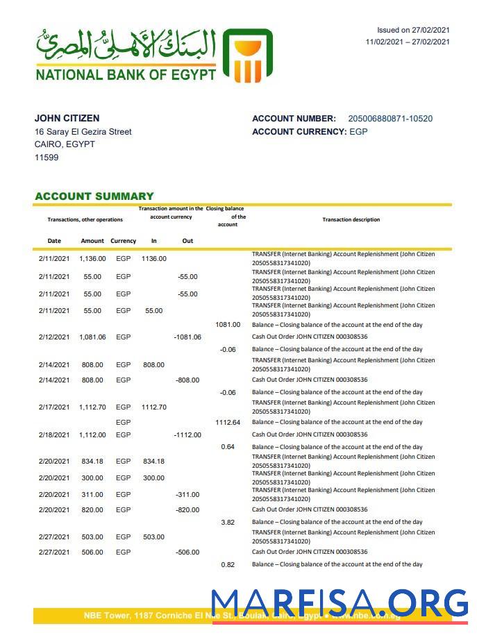 Blank Egypt National Bank of Egypt bank statement excel download for verification